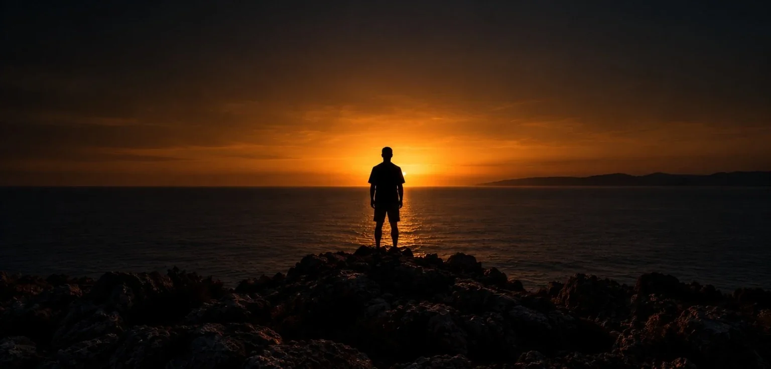 Ritual One campaign artwork: lone silhouette looking towards a sunset over the sea